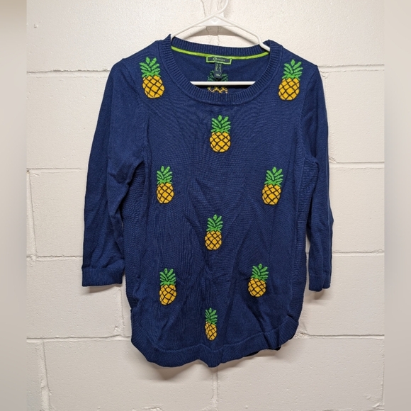 Pineapple Sweater Womens XS Navy Blue Yellow C. Wonder Cotton - Picture 3 of 8